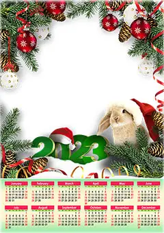 Calendar 2023. Rabbit and Christmas hat