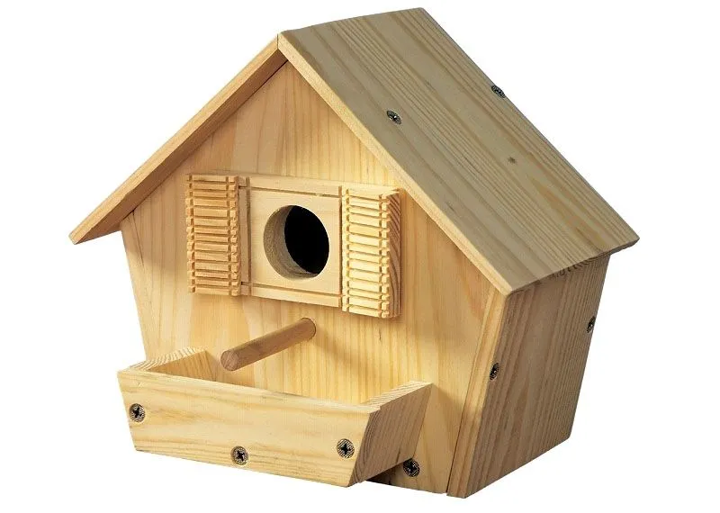 Птичий домик с дополнительными элементами: кормушкой и жердочкой