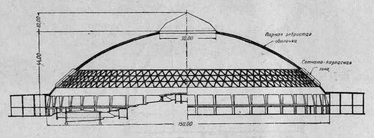 Рис. 56. Железобетонный многозонный купол, запроектированный Дишивгером (1931 г.)