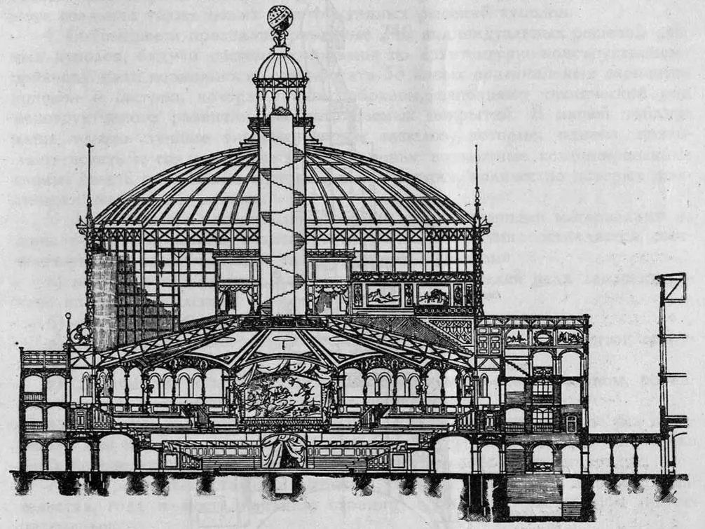 Рис. 64. (Двухъярусное купольное покрытие Хрустального дворца в Лейпциге (1886 г.)