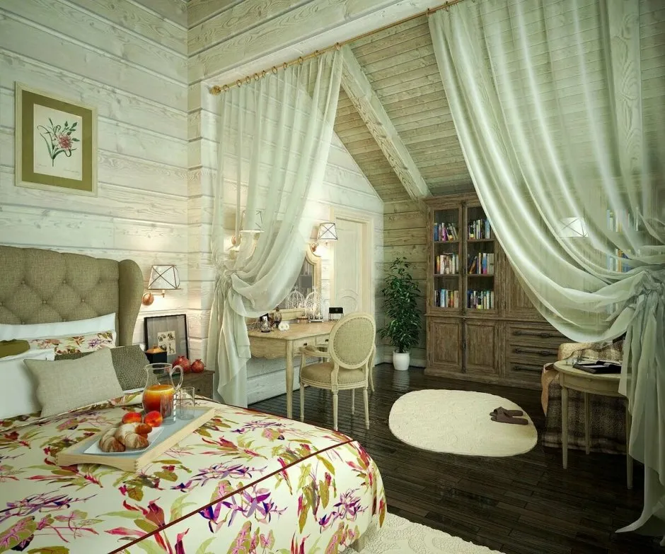 Спальня в стиле прованс в бревенчатом доме