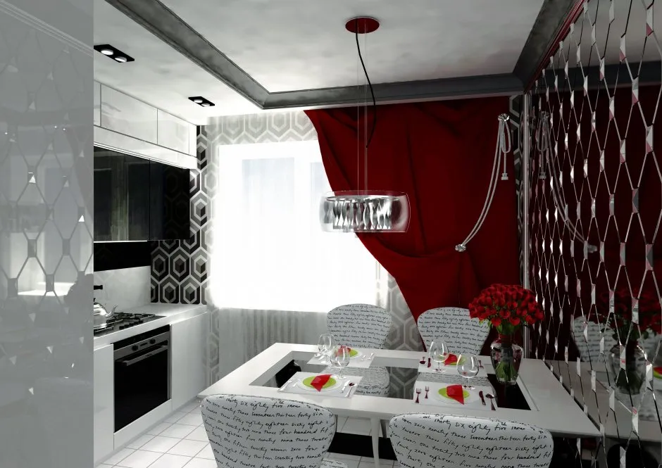 Черно белая кухня с красными шторами